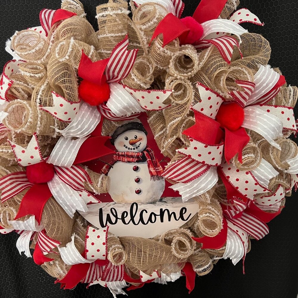 Snowman Wreath Red and Beige made of Deco Mesh